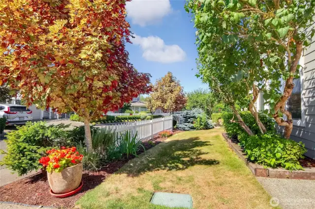 HOA maintains the grass and community plantings. Sellers do have an Alteration Agreement for patio and landscaping near patio.