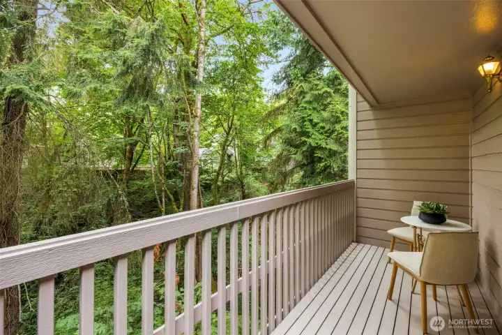 Expansive deck with tranquil treetop views — the perfect spot for morning coffee or evening sunsets.