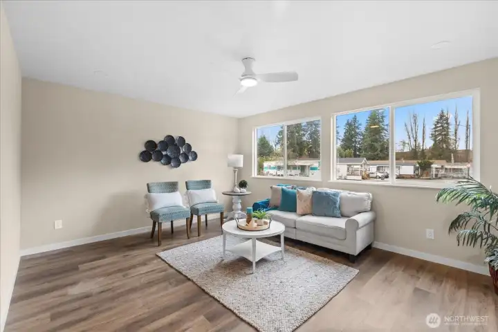 Living room with a view of the pond