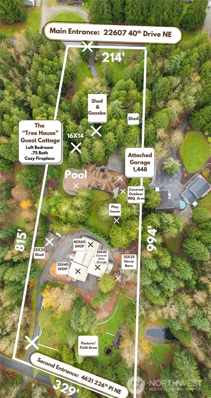 2 entrys, muliple outbuildings, play area and pasture.