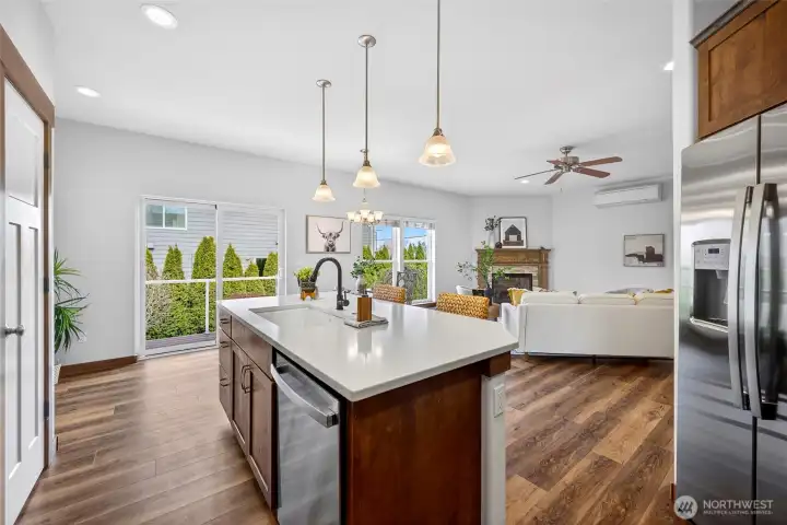 View of kitchen island looking towards the living space.