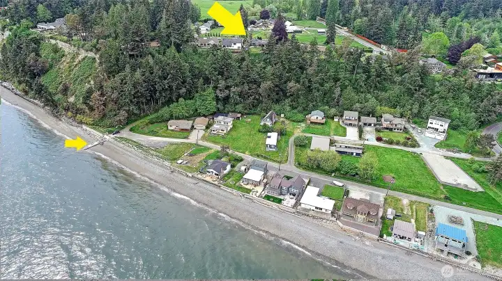 top arrow is house, short walking trail to private beach access or drive down. Boat launch included.