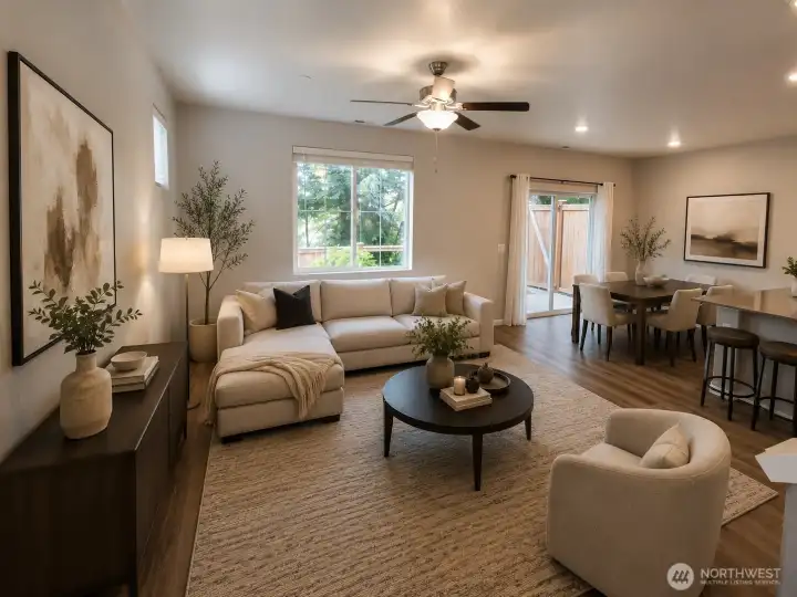 Cozy modern open-plan living space virtual
