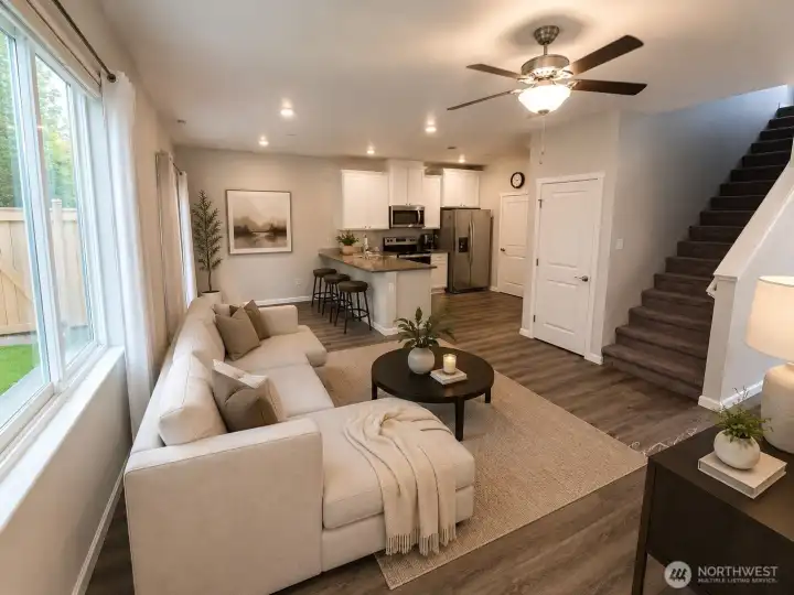 Modern open-plan living room and kitchen virtual