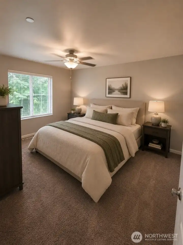 Cozy, modern bedroom with natural light virtual