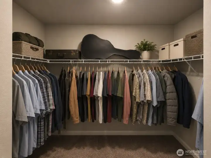 Organized modern walk-in closet with accents virtual