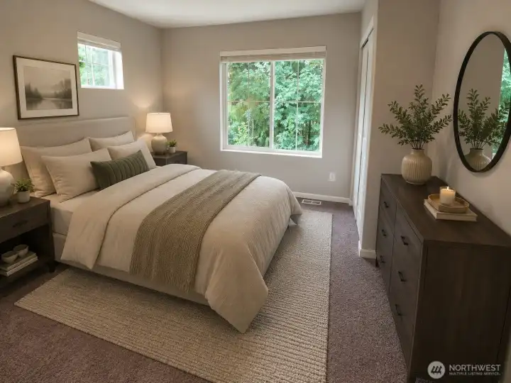 Cozy minimalist bedroom with natural light virtual