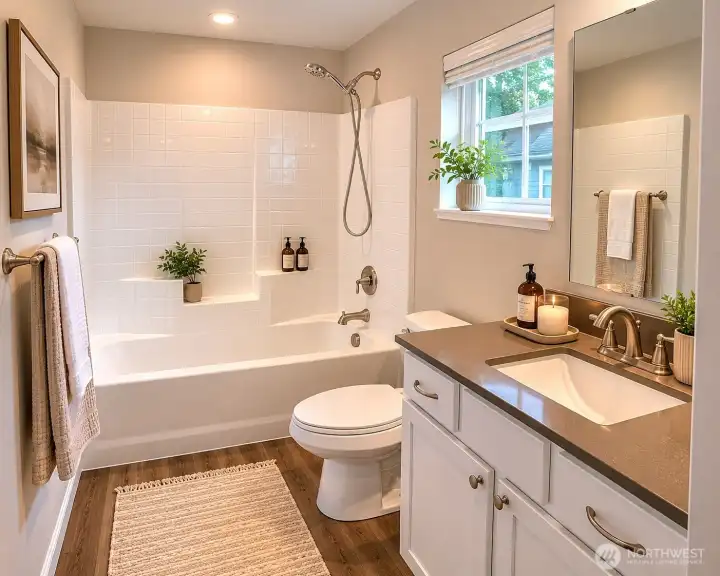 Modern minimalist bathroom with warm accents Virtual