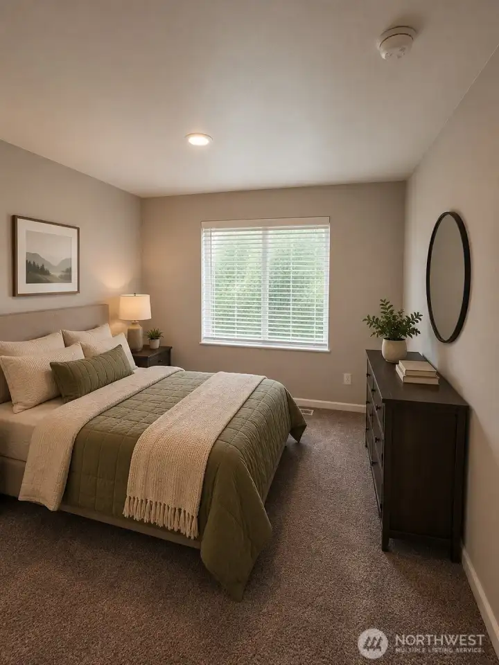 Serene modern bedroom with natural light virtual