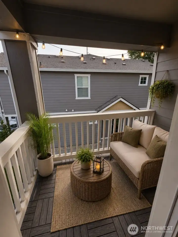 Cozy balcony retreat at dusk virtual
