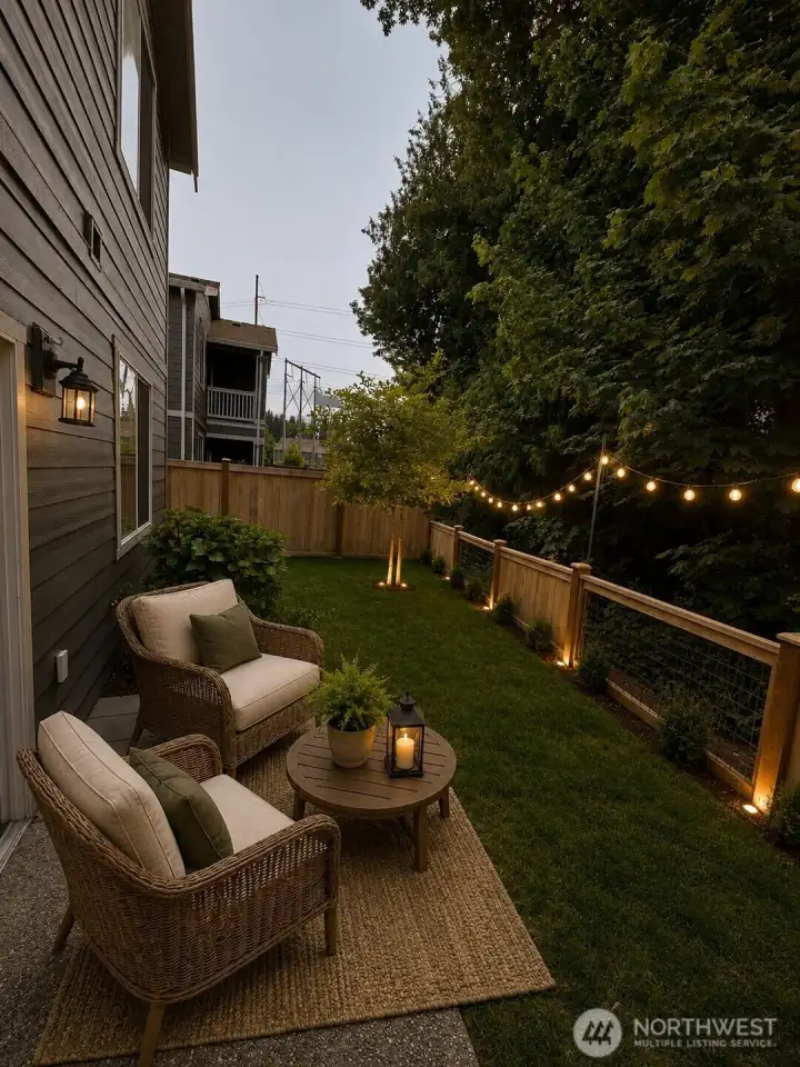 Cozy backyard patio at twilight virtual