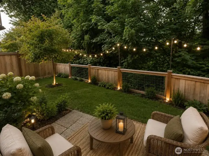 Cozy backyard patio with warm lights virtual