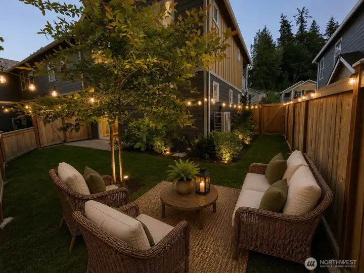 Cozy backyard at dusk with string lights virtual
