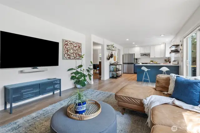 A seamless transition from the living room to the kitchen.