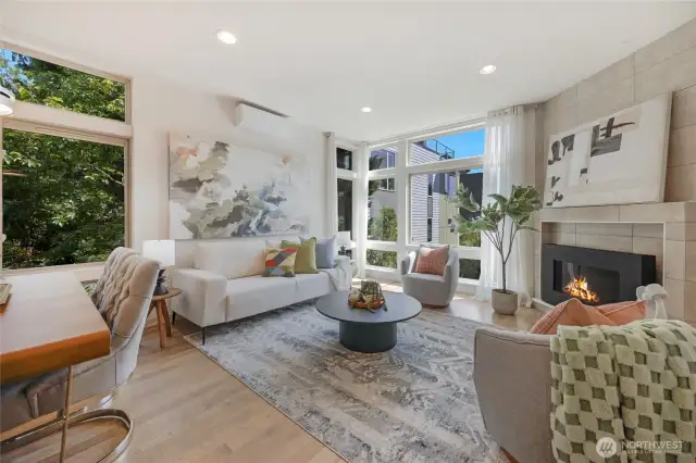 Lots of light and views to the east.  The north window looks out to a neighbors beautiful back garden area and is still very private but gives a more nature enhanced feel.
