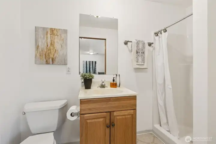 The lower level 3/4 bath with step-in shower also has a storage nook to the right of the photo.