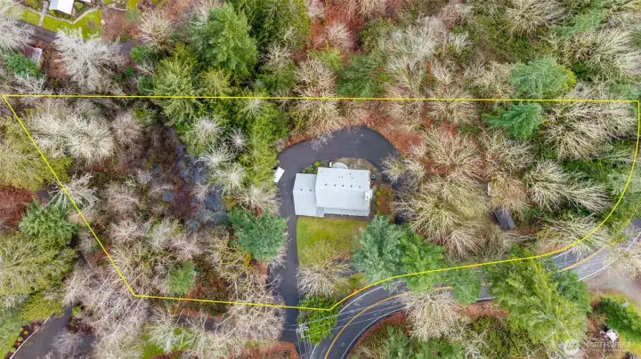 The yellow lines are a rough estimate of the property outline. To the left, but hard to see is the well house, with a new pump, that can be used for irrigation. There are potential shop sites too.