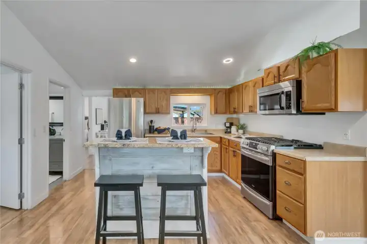 Island with bar seating maximizes counter space