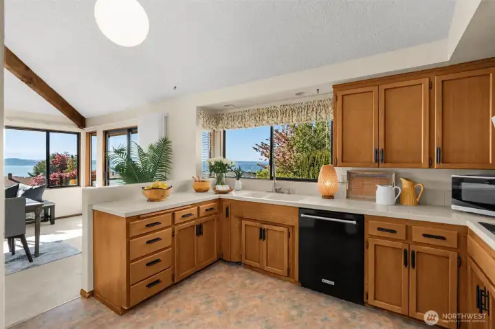 Great kitchen layout with framed views