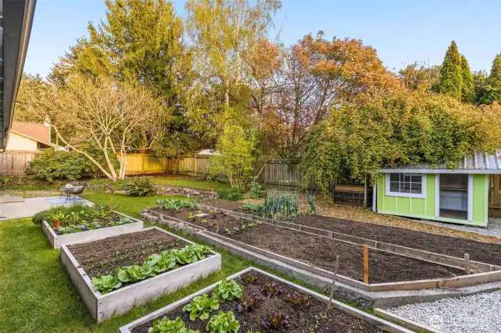 Outdoors, the gardener’s paradise offers mature raised beds brimming with vegetables and greens, an adorable playhouse or potting shed, and composter.