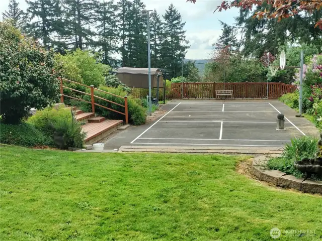 Sports court for Basketball, Tennis, Pickleball with spectator seating.