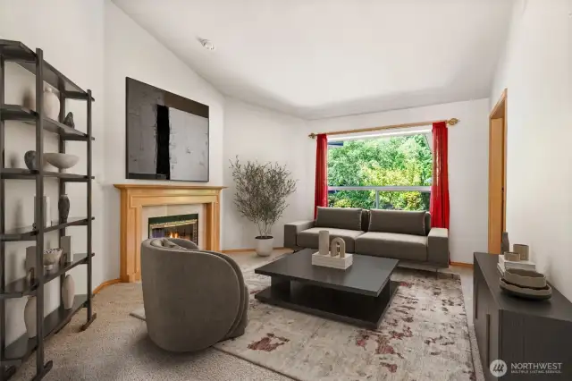 Digitally staged, the living room offers quiet conversation, filled with natural light.
