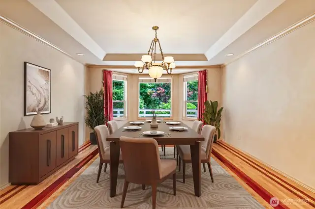Digitally staged dining room, custom hardwood flooring