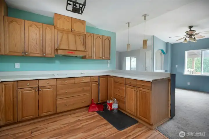 Kitchen looking into dining room, living room and front door.
