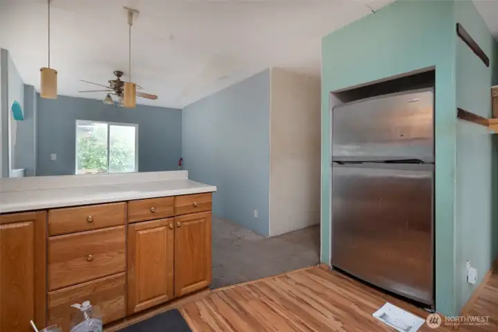 Kitchen looking into dining room.