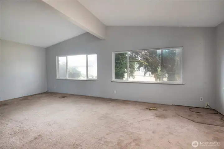 Living room windows look out toward side yard.