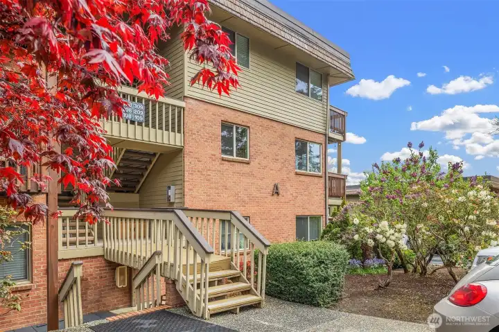 Building A at Lakewood Shores, with assigned parking in front of unit