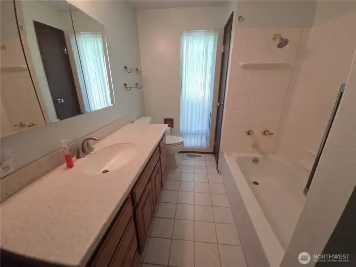 Large vanity, and linen closet on far right