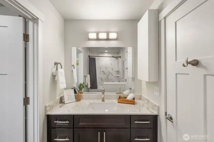 Primary bath is light and bright