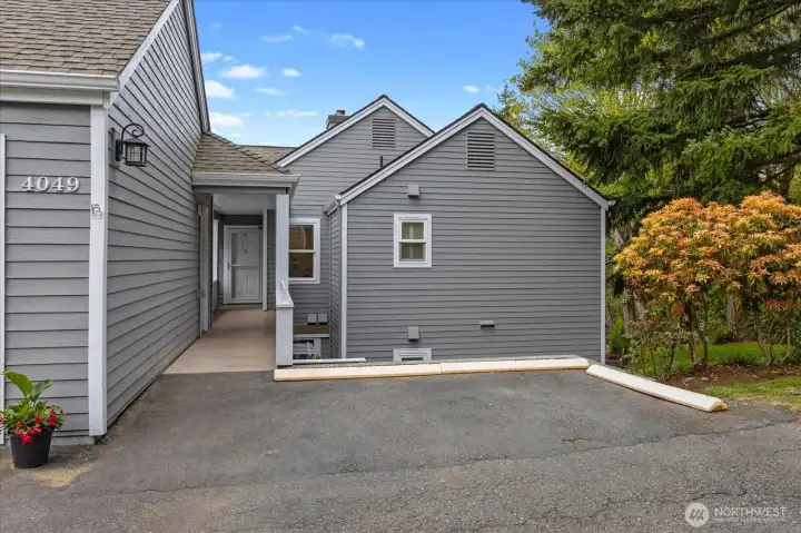 No step entry, covered walkway from garage