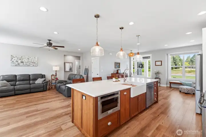 Large center island and stylish lighting.