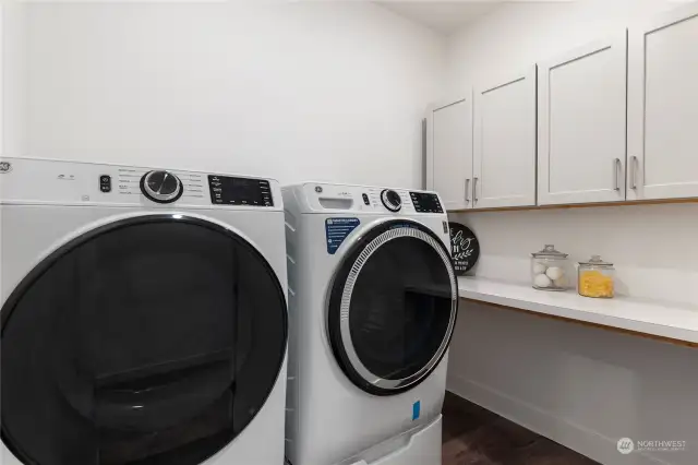 The Utility Room features ample cabinetry for storage, great counterspace for folding laundry and LVP flooring. (W/D are not standard features, but may be purchased as an upgrade.)