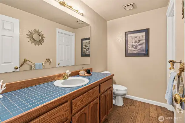 main floor bathroom accessible from hallway and office