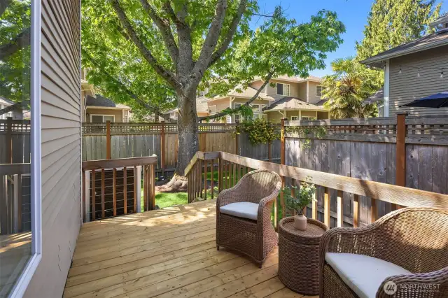 The backyard offers a calm, quiet, and serene setting with lush greenery, a charming deck, and a low-maintenance yard—perfect for relaxing or unwinding outdoors.