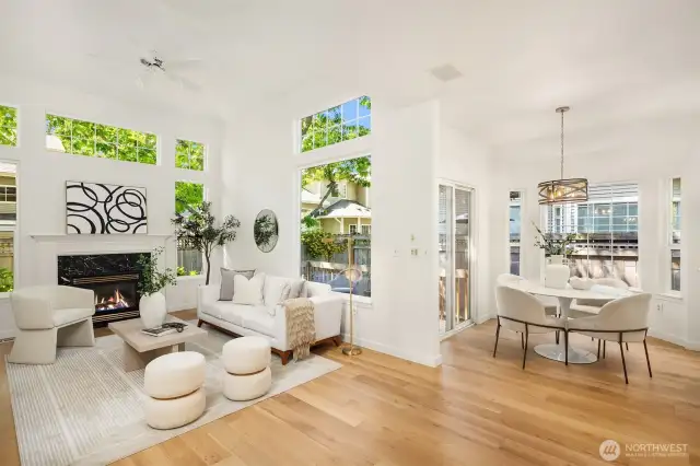 This home has it all—privacy, soaring vaulted ceilings, light-filled interiors, and a cozy fireplace that creates the perfect inviting atmosphere.