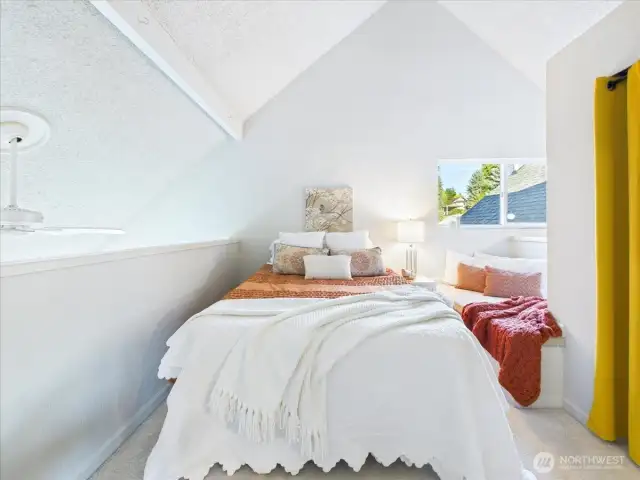 This Loft Bedroom has a window seat. Use as an office, guest room or a second bedroom.