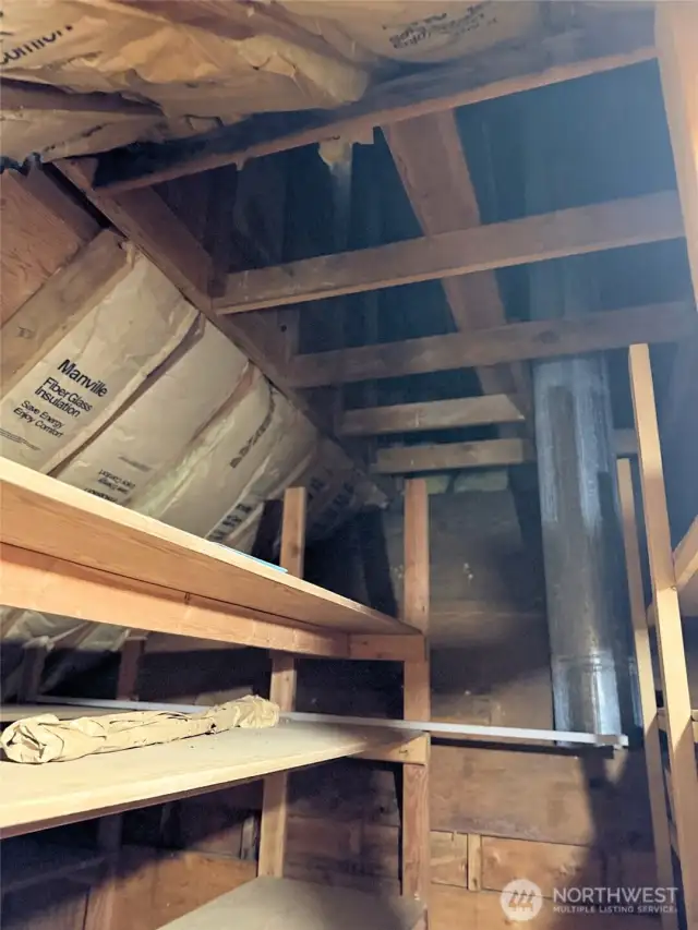 Lighted attic space has plenty of shelving !