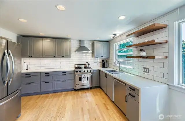 Open wood shelving to display your favorite things or have everyday dishes out for easy access.