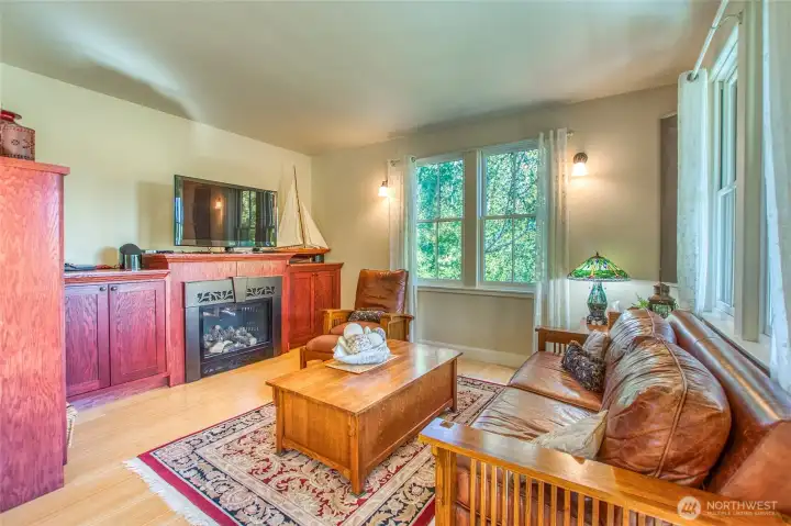 The cozy living room has a propane fireplace, an attached television, and beautiful east and southern light streaming into the space.