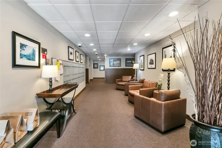 Once you enter the building, you'll find a comfortable lobby area.