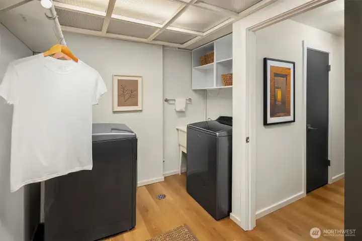 Lower-level laundry room with utility sink and storage shelving