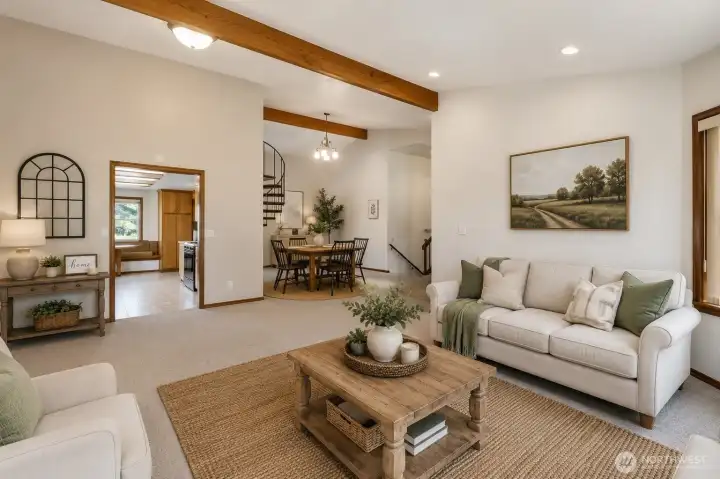 Virtually staged living and dining room.