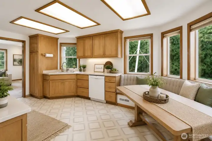 Virtually staged kitchen with built in eating table. Kitchen has newer appliances