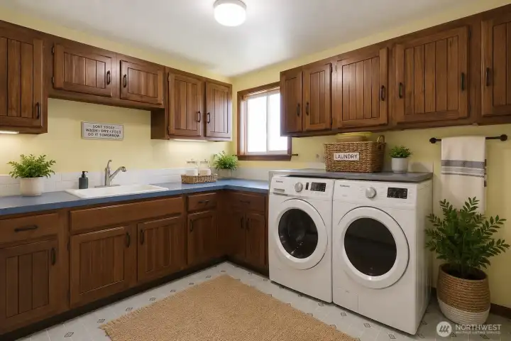Virtually staged Laundry room! Look at all this cupboard space.