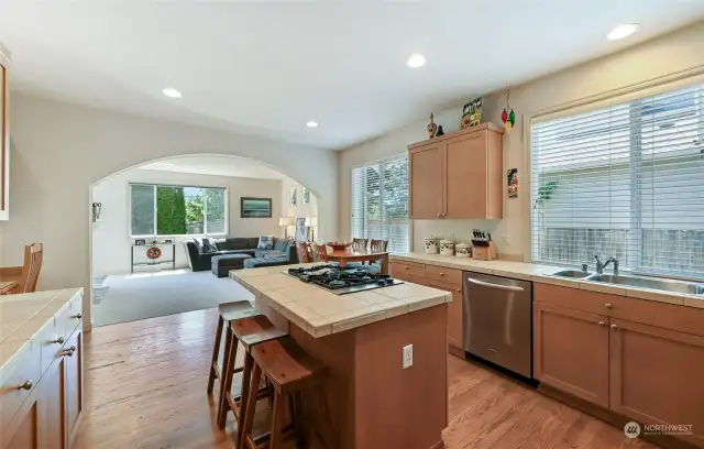 The spacious island features tile counters which were recently     cleaned and resealed. Newer stainless steel refrigerator, microwave,           dishwasher and oven. The kitchen overlooks the fully fenced backyard so you can keep your eye on the backyard fun.