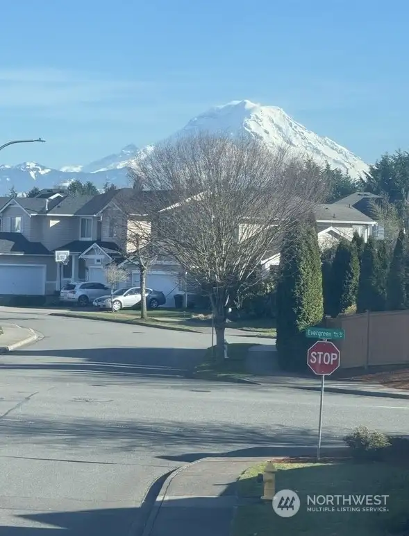 This photo taken by the seller shows the gorgeous view of Mt. Rainier from the primary bedroom window